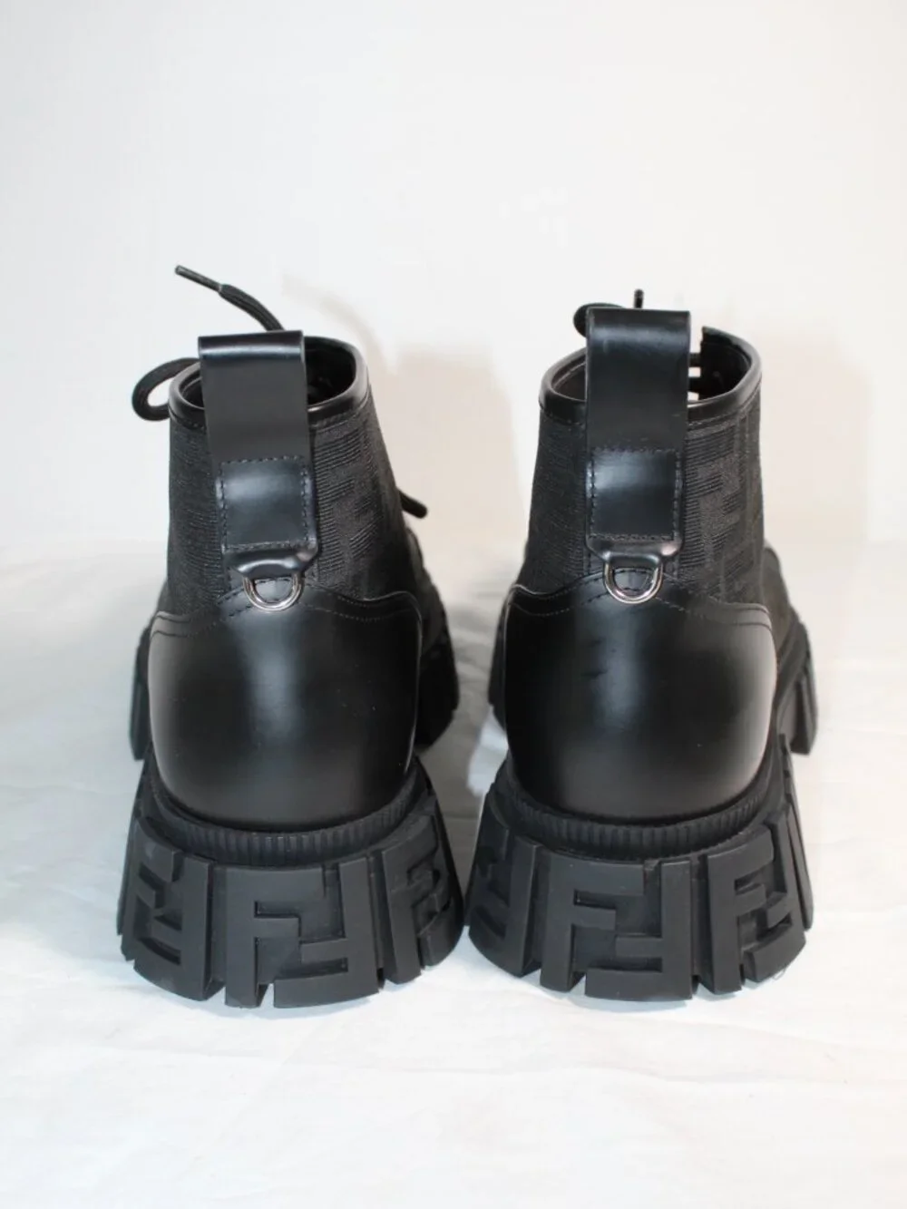 NEW FENDI Force Biker Boots FF Jacquard Canvas Lace Up Lug Sole Mens 12